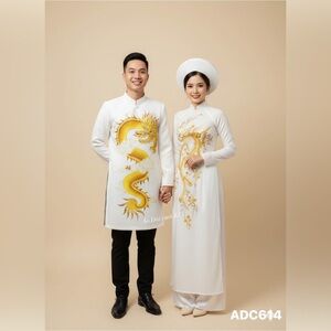 Elegant White and Gold Dragon Ao Dai Set
